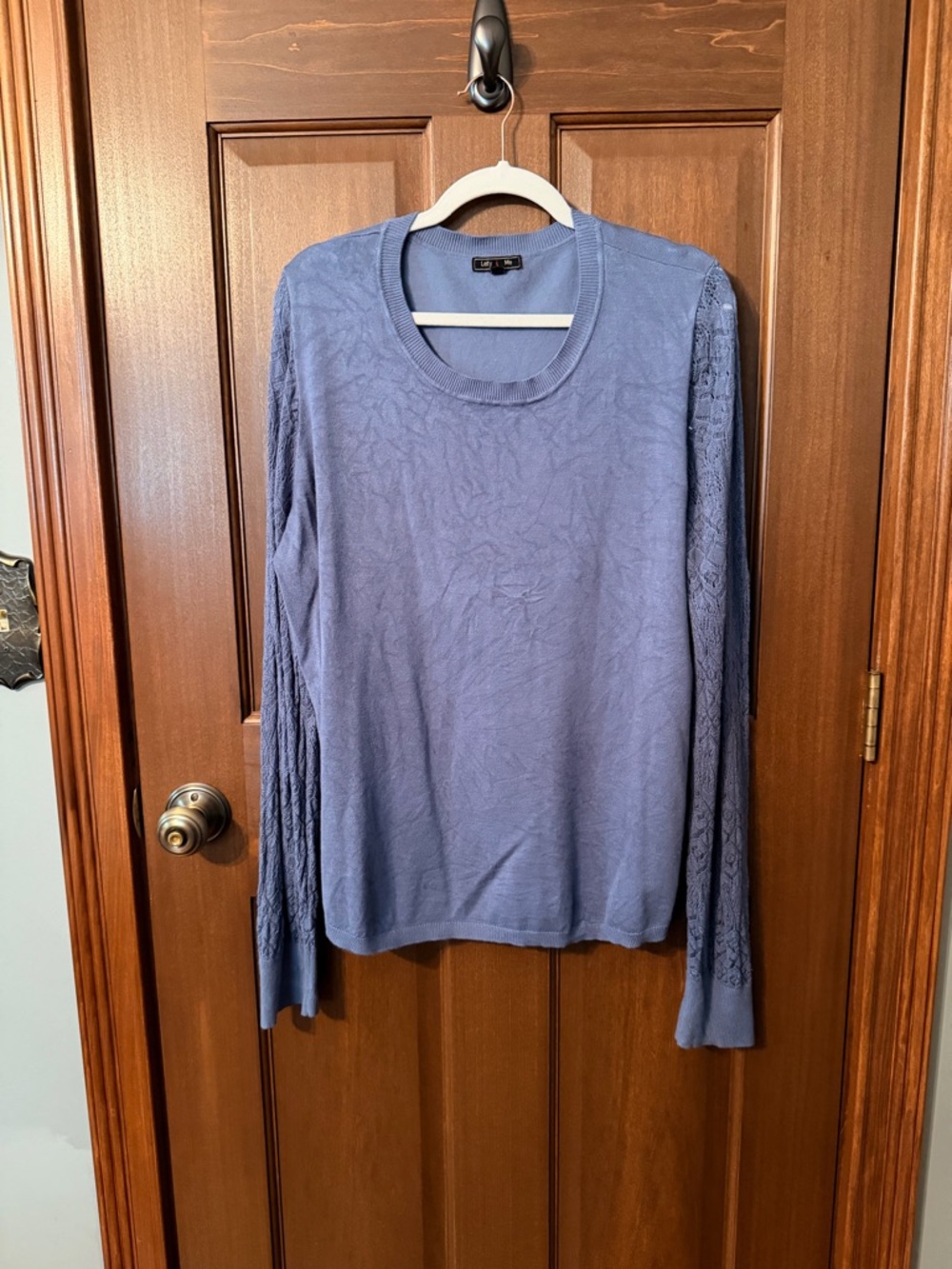 Long-Sleeve Lace-Detail Crewneck Top in Dusty Blue
